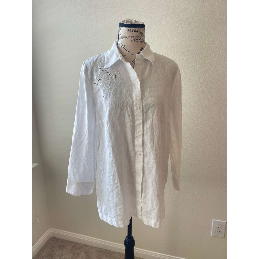 Peck & Peck Collection White 100% Linen Eyelet Paisley Button Down Shirt Size 10